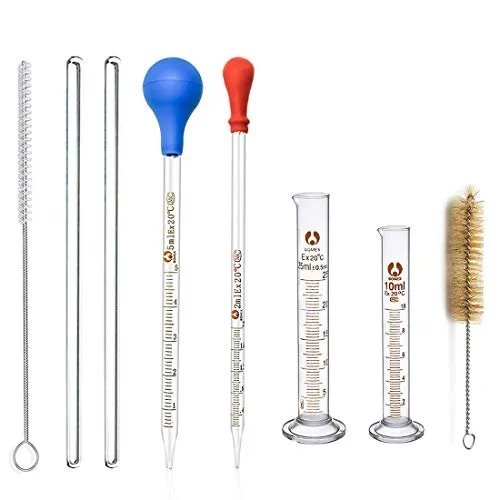 Glas Pipetten Glasmesszylinder Set, JESSTOLO 2 Stücke Große Silikagel Messpipetten Pipetten 2ml 5ml, 2 Stück Graduierten Glasmesszylinder 10ml 25ml, mit 2 Stück Waschbürste und Glas Rührstab