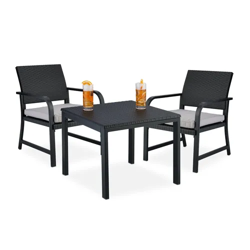Balkonmöbel Set Bistroset - 3-teiliges Rattanoptik Gartenmöbel - Loungemöbel & Sitzgruppen, stilvolles 3-teiliges Set für 2 Personen, inklusive bequemen Kissen in Grau, ideal für entspannte Stunden auf Balkon oder Terrasse.