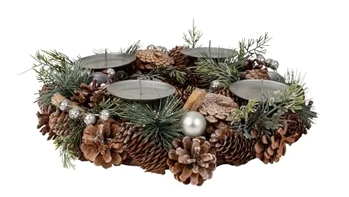 Weihnachtlicher Adventskranz mit Silber-Grün-Brauner Dekoration, 34 cm Durchmesser - Stimmungsvoller Adventskranz für die Vorweihnachtszeit, handgefertigt und mit Platz für 4 Kerzen – perfekt für festliche Atmosphäre in jedem Zuhause.