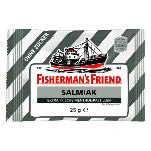 Fishermans Friend Salmiak ohne Zucker, 25g Beutel - Zuckerfreie Hartkaramellen mit intensivem Salmiakgeschmack. Ideal für alle Gelegenheiten und glutenfrei verpackt im praktischen Beutel.