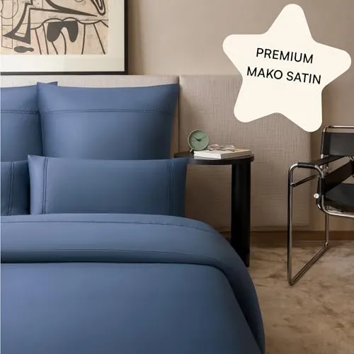 Amqua Mako Satin Bettwäsche 135 x 200 cm Blau Stickerei|Aesthetic Bettwäsche Set inkl. 40x80 Kissenbezug| weich & hochwertig inkl. Reißverschluss | Hotelbettwäsche 135x200| einfarbig| SORA