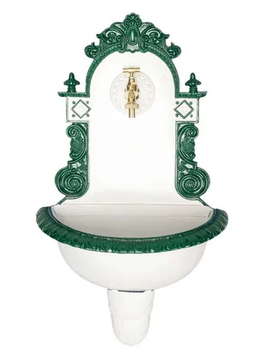 Aubaho Dekoobjekt Nostalgie Waschbecken Brunnen - Antiker Wandbrunnen aus Aluminiumguss, handgefertigt mit Messing-Wasserhahn. Ideal für Garten oder Terrasse, verleiht jedem Außenbereich nostalgischen Charme.