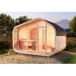 FinnTherm Fasssauna ScandiCube Wave Premium, Outdoor Sauna mit Glasfront, Außensauna - Naturbelassen, Mit Zwischenwand - Naturbelassen