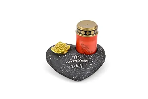 Novaliv Grabschmuck Herz Schwarz mit Rose und LED Grablicht von Novaliv