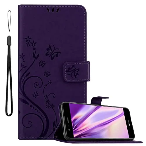 Cadorabo Hülle kompatibel mit Huawei P10 LITE Blumen Design aus Premium Kunst Leder Flip Klappbare Stoßfeste Magnetische [Standfunktion] [Kartenfächern] Cover Hülle für Huawei P10 LITE Tasche in Lila