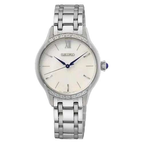 Seiko Silber Damen Armbanduhr SRZ543P1 - Elegante Armbanduhr für Damen mit analogem Zifferblatt und perlmuttfarbenem Zifferblatt. Ideal für jeden Anlass, wasserdicht bis 5 bar und mit 2 Jahren Herstellergarantie.