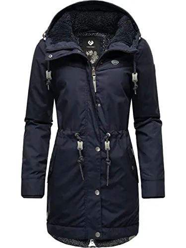 Ragwear Damen Wintermantel YM-Canny Intl Navy21 Gr. S - Funktionsjacke für Damen, warm gefüttert mit veganem Teddyfell-Innenfutter, ideal für kalte Tage und Outdoor-Aktivitäten. Stylischer Parka mit Kapuze und individuell einstellbarem Taillenzug.