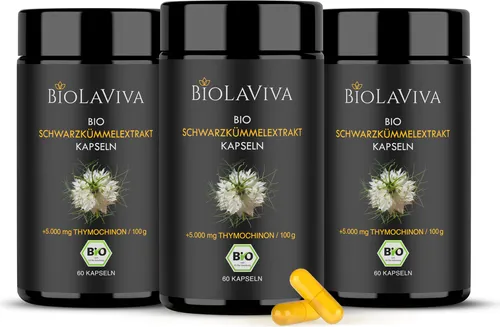 BIOLAVIVA Schwarzkümmelöl Kapseln 5.000mg - Vegan im Vorrat - Hochwertige Kapseln mit 5.000mg Thymochinon, schonend kaltgepresst und in lichtgeschützten Dosen verpackt. Ideal für eine natürliche Ergänzung, 240 Kapseln für 4 Monate.