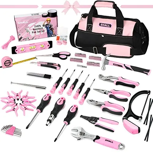 SHALL Rosa Werkzeug Set, 246-teiliges Damen Basic Tool Kit - Werkzeug-Sets für Zuhause, ideal als Geschenk in rosa Geschenkbox, enthält alles für grundlegende Reparaturen und Heimwerkerprojekte.