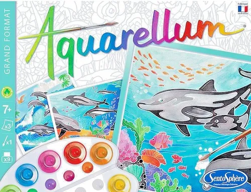 Aquarell-Malerei - Aquarellum Delfine, 3 Ausmalbilder und hochwertiger Aquarellpinsel für kreative Kinderunterhaltung