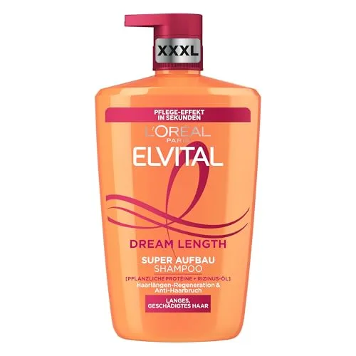 Produktbild L'Oréal Paris Elvital XXXL Shampoo gegen Spliss, Für traumhaft langes Haar, Mit Rizinus-Öl, Vitaminen und pflanzlichen Proteinen, Dream Length Super Aufbau Haarshampoo, 1 x 1000 ml