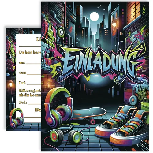 Kinder Einladungskarten Neon City Beats Junge Mädchen Einladung 10