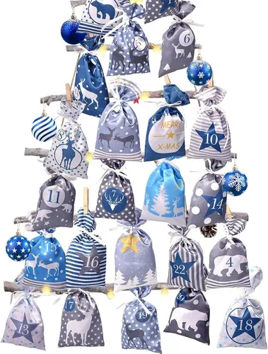 DIY Adventskalender Set Blau Grau mit 24 Stoffsäckchen