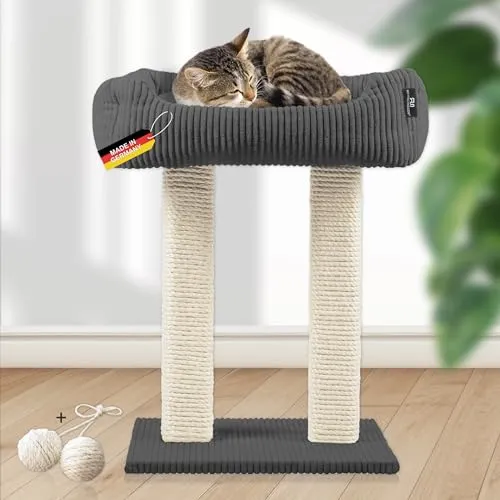 Rohrschneider Kratzbaum Wolly - Moderner Katzenbaum mit 2 breiten Kratzstämmen - Kratzbäume Made in Germany mit 2 breiten Kratzsäulen aus Vollholz und waschbarem Katzenbett. Ideal für Katzen bis 15 kg – stabil und langlebig!