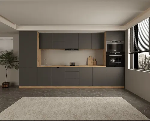 Küchenzeile 420 cm mit Mikrowellenumbauschrank in Grau/Matt - Moderne Küchenzeile KL12-M420 – 420 cm in Grau/Matt. Bietet durchdachten Stauraum mit Unter- und Hängeschränken sowie einem praktischen Mikrowellenumbauschrank für individuelle Küchengestaltung.