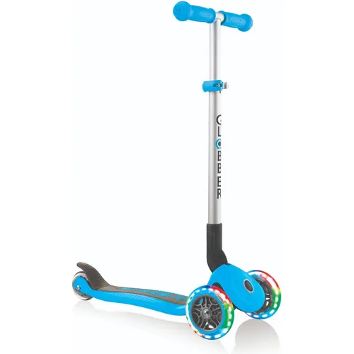 GLOBBER Trottinette enfant 3 roues pliable Primo - Blau - Kickscooter mit robustem Design, verstellbarem T-Griff und patentiertem Faltsystem für einfaches Transportieren und Aufbewahren.