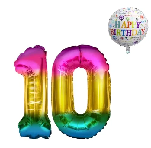 Luftballon 10. Geburtstag • XXL Riesen Folienballon SET • 101CM + 45 CM Ballon + 5M Deko Band • Folienballon 10 • Helium geeignet • Wiederverwendbar • Geburtstagsdeko Jungen Mädchen Zahl Ballon 10