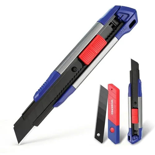 WORKPRO 2 Stück Cuttermesser Set 18mm aus Aluminium, Mehrzweck Messer Teppichmesser, Schwarz beschichtete Abbrechklingen aus SK5, inkl. 10 Ersatzklingen
