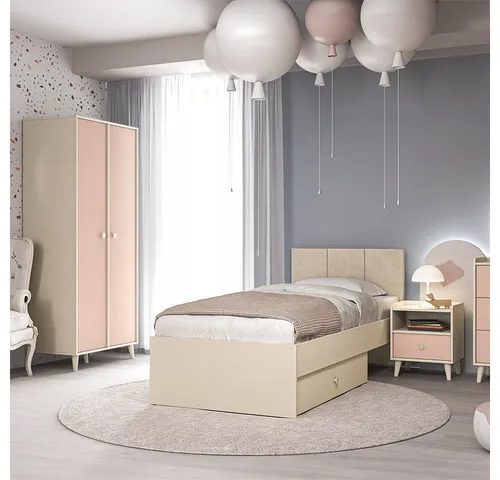 Lomadox Jugendzimmer-Set MODICA-131, (Sparset, 3-tlg., Bett Nachtschrank Kleiderschrank), sandbeige mit rosa, fühlbare Struktur, Liegefläche 90x200cm, Softclose