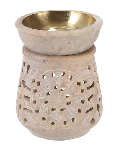 GURU SHOP Indische Duftlampe, ätherisches Öl Diffusor, Teelicht Halter für Aromatherapie, Aromalampe aus Speckstein - Rund Blüte 5, Creme-weiß, 10x8x8 cm, Duftlampen & Öllampen