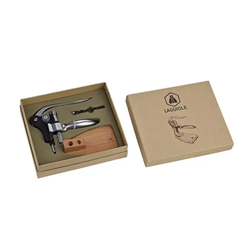 LAGUIOLE Hebelkorkenzieher mit Holzsockel - Hebelkorkenzieher für müheloses Entkorken, ausgestattet mit robustem Metallgehäuse und elegantem Holzsockel, ideal für Weinliebhaber.