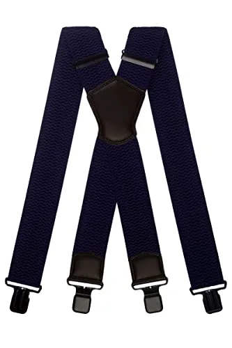 Olata Extra Breite Herren Hosenträger X-Form Metall Clip mit Schwarz Leder – 5 cm. Marineblau (Schwarz Clips)