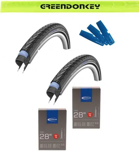 Schwalbe Fahrradschlauch Set: 2x Marathon Plus HS440 28x1.10 + 2x SV15 + 1x Reifenheber - Das Schwalbe Set bietet 2x Marathon Plus HS440 für höchste Pannensicherheit und 2x SV15 Schlauch mit geprüfter Gummimischung. Ideal für zuverlässige Fahrten und einfachen Reifenwechsel mit dem praktischen Reifenheber.