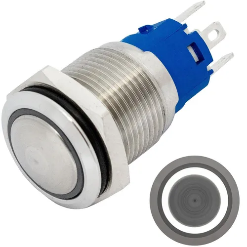 Edelstahl Drucktaster gewölbt Ø16mm Ring LED Kalt Weiß IP65 2,8x0,5mm Pins 250V