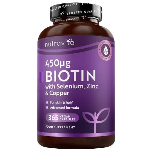Nutravita Biotin + Zink + Selen + Kupfer – 365 vegane Kapseln, Jahresvorrat | Unterstützung für Haare, Haut und Nägel – Schönheits-Nahrungsergänzungsmittel