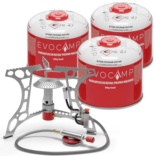 EVOCAMP Gaskocher Mini 3.2 kW mit Piezo-Zünder - Campingkocher mit 3.2 kW Leistung und Piezo-Zündung, ideal für Outdoor-Aktivitäten. Inklusive 3 Gaskartuschen für sofortige Einsatzbereitschaft.