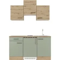 Flex Well Singleküche Cara 150,5 cm - grün eiche matt, reversibel - Kompakte Singleküche für kleine Räume, mit Unterbaukühlgerät und Doppelkochplatte – ideal für Singles und Büros. Flexibel montierbar und pflegeleicht.