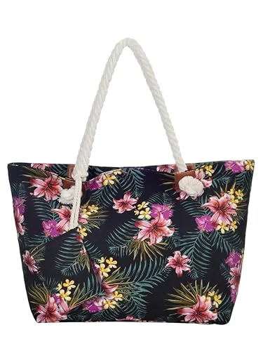 DonDon Strandtasche XXL mit Reißverschluss - Praktische Umhängetasche für Damen im Beach Look - Damen-Shopper mit reißfester Baumwolle und strapazierfähigem Gewebe, ideal für den Strand. Großzügige Maße und durchdachte Innentasche sorgen für Ordnung und Sicherheit.