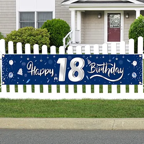 GoldRock Banner 18. Geburtstag Deko Blau für Junge Mädchen - Happy Birthday Poster Hintergrund 210cm × 40cm - Kuchen, Tisch Banner