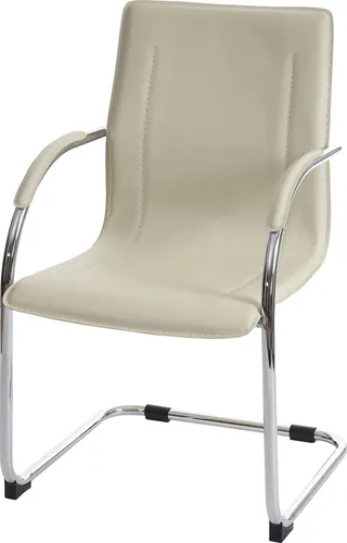 Mendler Esszimmerstuhl Samara - Freischwinger Küchenstuhl mit Armlehnen - Moderner Esszimmerstuhl aus cremefarbenem PVC mit stabilem verchromtem Stahlgestell. Hoher Sitzkomfort und elegantes Design für gemütliche Räume. Maximale Belastbarkeit: 120 kg.