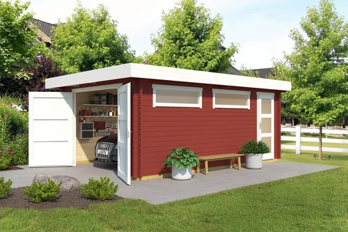 Garage Pultdach 44 mm Canberra mit Holztor rot 422x600 cm - Gartenhäuser, Geräteschuppen & Carports – Robuste Blockbohlenkonstruktion mit abschließbarem Holztor und 2 Fenstern für optimale Lichtverhältnisse.