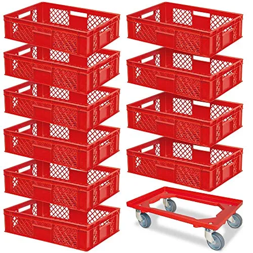 BRB 10 Eurobehälter mit Transportroller - Industriequalität Euro-Box mit 27 Liter Volumen, lebensmittelecht und inklusive Transportroller mit 250 kg Tragkraft – ideal für Gastronomie und Lebensmittelindustrie.