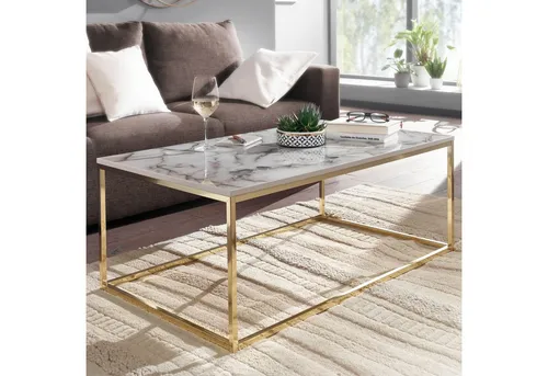 FINEBUY Couchtisch FB36840 – Eleganter Sofatisch mit Marmor Optik - Moderner Couchtisch (100x60x40 cm) mit stilvollem MDF-Marmor-Finish und stabilen Metallfüßen in Gold. Ideal für jeden Wohnraum, bietet Funktionalität und ansprechendes Design.