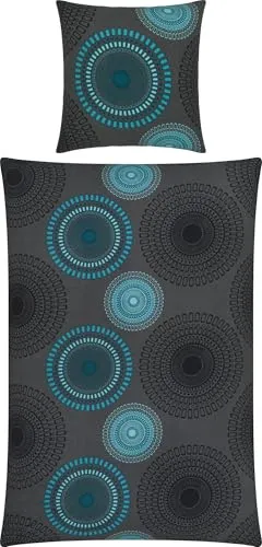 REDBEST Bettwäsche Biber Mandalas anthrazit-Petrol 80x80 cm / 155x220 cm - Bettwäsche-Sets mit modernen Mandalas, temperaturausgleichend und mollig warm für besten Schlafkomfort, ausgestattet mit praktischem Reißverschluss.