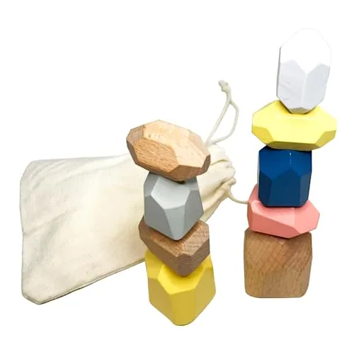 NoriKids Balanciersteine für Kinder | 9 Stapelsteine aus Holz | Sortierspiel mit abgerundeten Ecken & Kanten | Motorikspielzeug ab 3 Jahre | fördert die Balance | Montessori Spielzeug