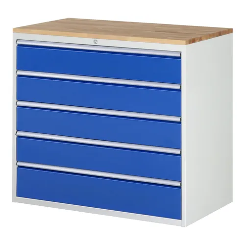 Rau Schubladenschrank Buche-Top mit 5 XXL Schubladen - Hängeregistratur- & Schubladenschrank mit massiver Buche-Arbeitsplatte, langlebig und umweltfreundlich – ideal für eine organisierte und robuste Büroausstattung.