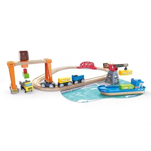 Hape Spielzeug-Eisenbahn Abladen und Aufladen im Hafen Set - Spielzeugeisenbahn-Set mit beweglichem Kran für spannendes Entladen und Verladen von Fracht. Fördert die Kreativität und motorischen Fähigkeiten der Kinder.