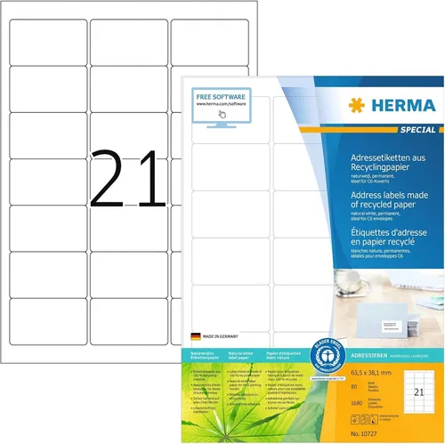 Herma Adressetiketten 10727 Recycling - 1680 Stück auf A4 - Universaletiketten recycling, umweltschonend und mit Blauer Engel Zertifikat. Optimal für DIN C6 Kuverts und für fast alle Drucker geeignet.