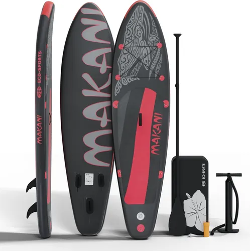 Stand Up Paddle Board MAKANI Schwarz/Rot - Allround SUP Komplettset 320 cm - Vielseitiges Stand Up Paddle Board für Anfänger und Fortgeschrittene, max. 120 kg, inkl. Tragetasche und Zubehör. Ideal für Abenteuer auf dem Wasser mit robustem, transportfreundlichem Design.
