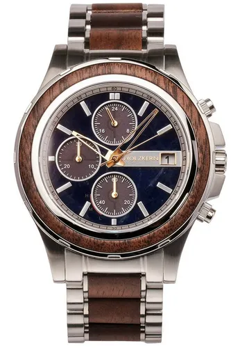 Holzkern Chronograph Solar Koh Mak Walnuss/Marmor - Stilvolle Armbanduhr für Männer, mit Solartechnologie für umweltfreundliche Nutzung und 4 Monate Gangreserve. Zifferblatt aus blauem Marmor und edle Walnussholz-Elemente.