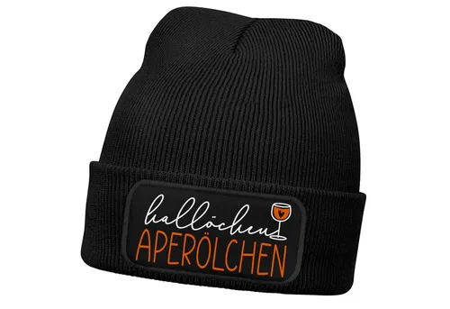 MoonWorks Strickmütze Damen Beanie mit Patch Hallöchen Aperölchen Strickmütze mit Spruch