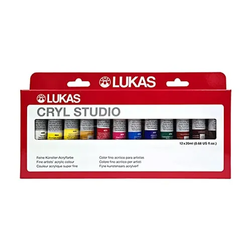 Lukas-Nerchau Acrylfarben 6541 CRYL STUDIO, 12 Farben - Künstler-Acrylfarben Set mit 12 Tuben à 20ml, hervorragende Deckkraft und schnelle Trocknung für kreative Projekte auf verschiedenen Oberflächen.