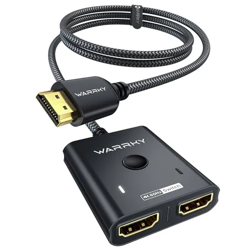 HDMI Switch 4K@60Hz, WARRKY HDMI Splitter Verteiler 2 In 1 Out (Jeweils 1 Anzeige zur Zeit)【3.3ft Geflochtenes Kabel, Aluminiumgehäuse, HDCP 2.2】 2 to 1 Switcher Unterstützt UHD für PS5/4 - Schwarz