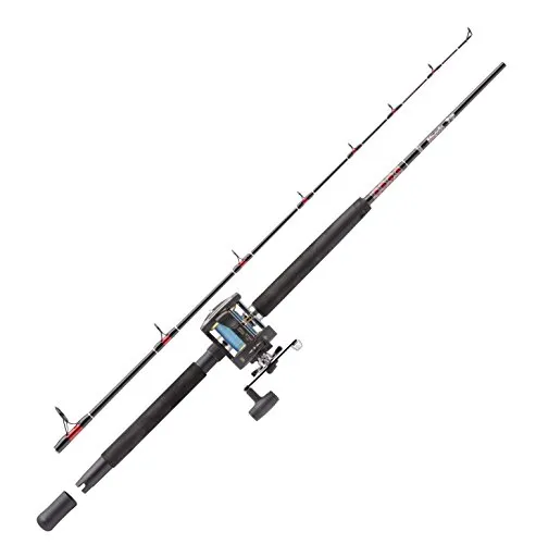 Abu Garcia Muscle Tip Boat Fishing Ruten und Rollen Combo Set, Schwarz/Rot - Angelsets mit leistungsstarker Glasblank-Spule und leichtem Graphit-Körper, ideal für gleichmäßige Schnurverlegung und optimales Angeln.