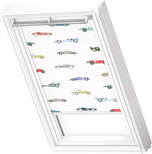 VELUX Verdunkelungsrollo Kids Rennautos manuell - Optimaler Lichtschutz - Rollos für Schlaf- und Kinderzimmer, bieten perfekte Verdunkelung und Hitzeschutz dank Thermobeschichtung. Einfach stufenlos verstellbar und harmonisch in jedes Dachfenster integrierbar.