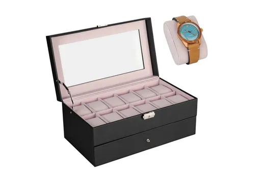 Uhrenbox 'Zürich' - Elegante Uhrenaufbewahrung in Schwarz mit Rosa Innenfutter - Uhrenzubehör: Die stilvolle Uhrenbox 'Zürich' bietet Platz für 12 Uhren, schützt sie mit Velourslederkissen und hat ein großes Präsentationsfenster. Ideal für Zuhause und Reisen.